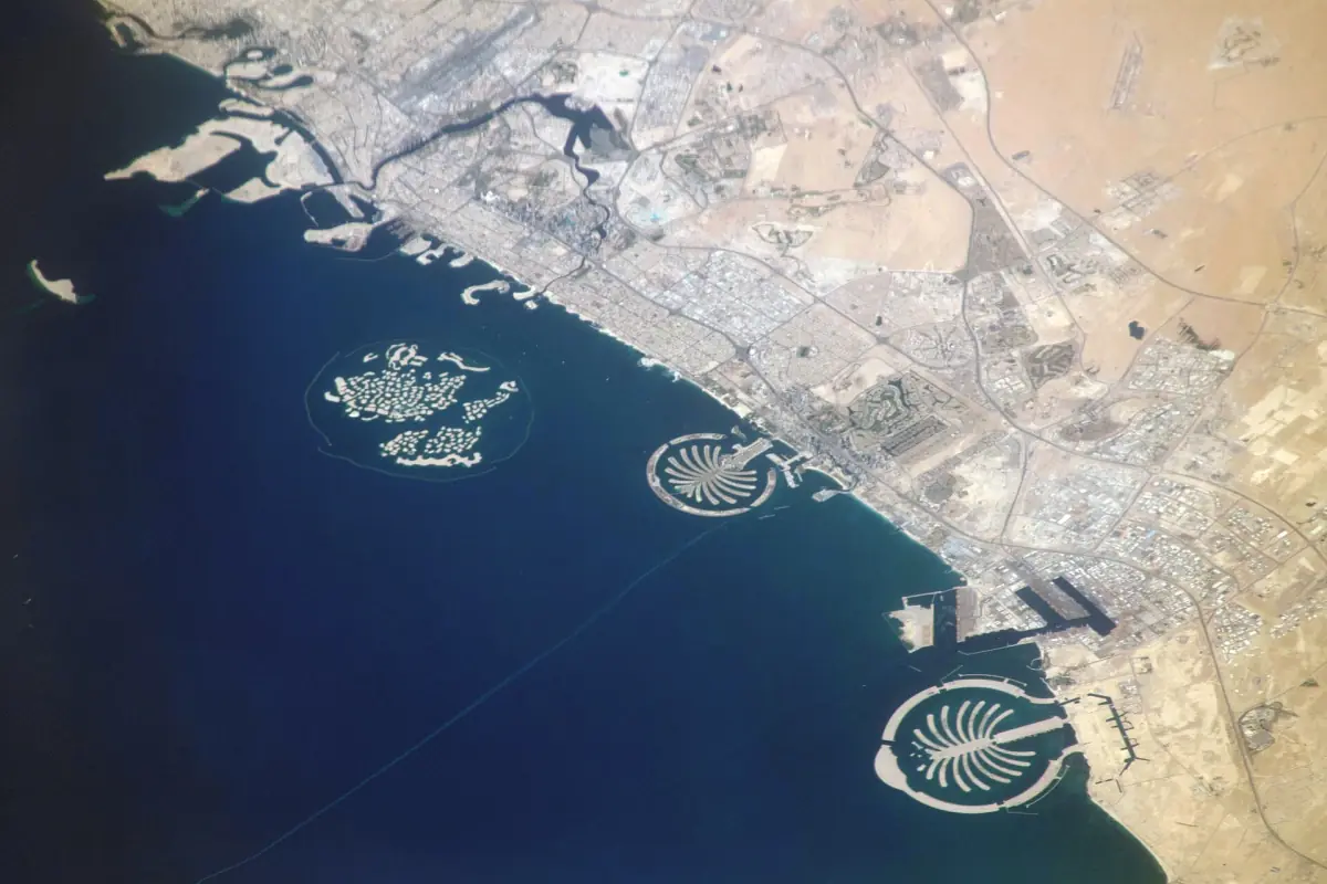 The World islands, Palm Jumeirah and Palm Jebel Ali from space