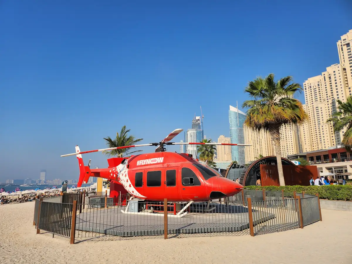 A helicopter on display at JBR Beach