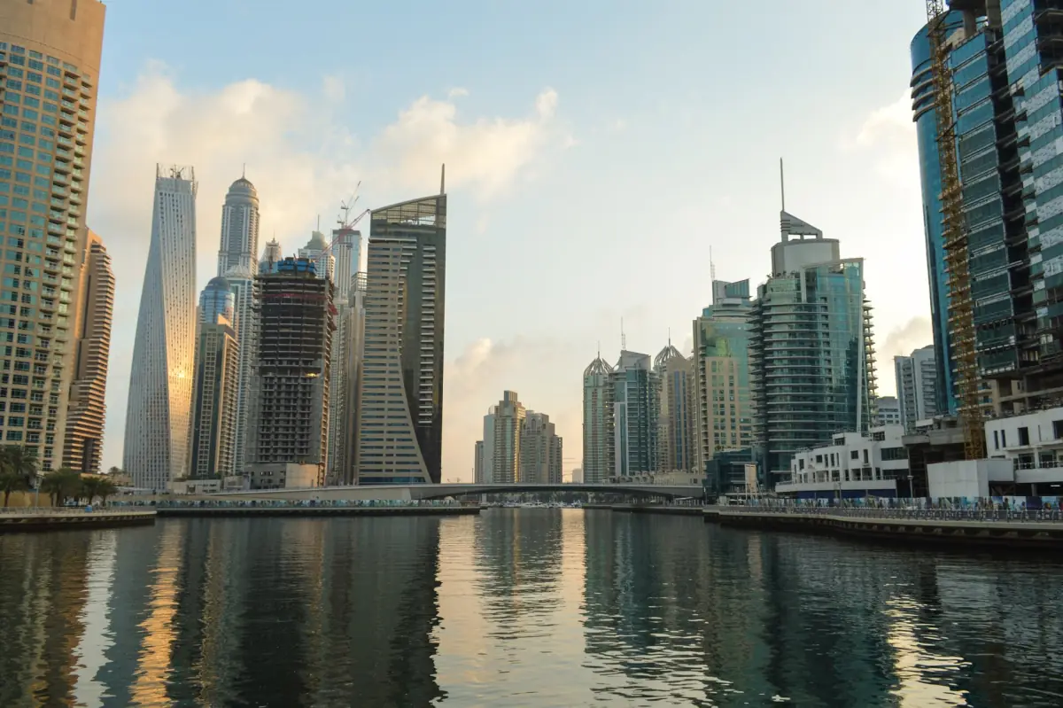 Dubai Marina Walk with boats and towers