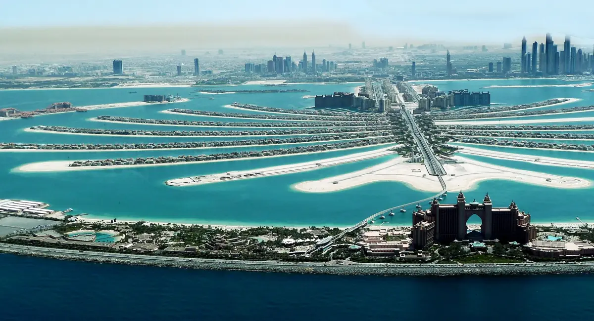 Aerial view of Palm Jumeirah with the fronds and the crescent