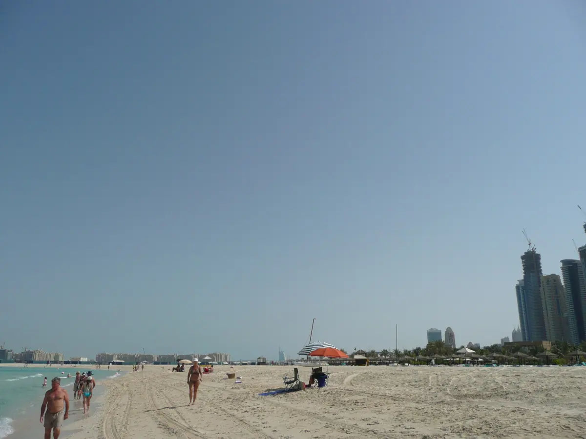 Palm Jumeirah seen from a beach in Dubai Marina