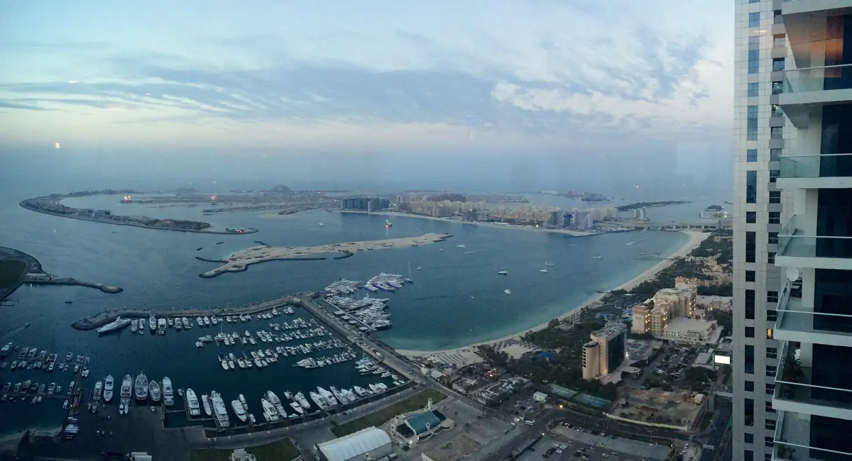 Palm Jumeirah seen from a tower in Dubai Marina