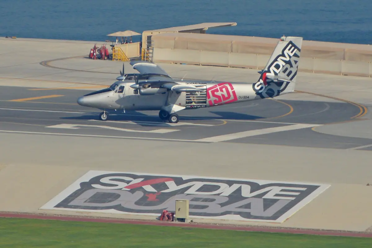 A skydiving aircraft at the drop zone in Dubai